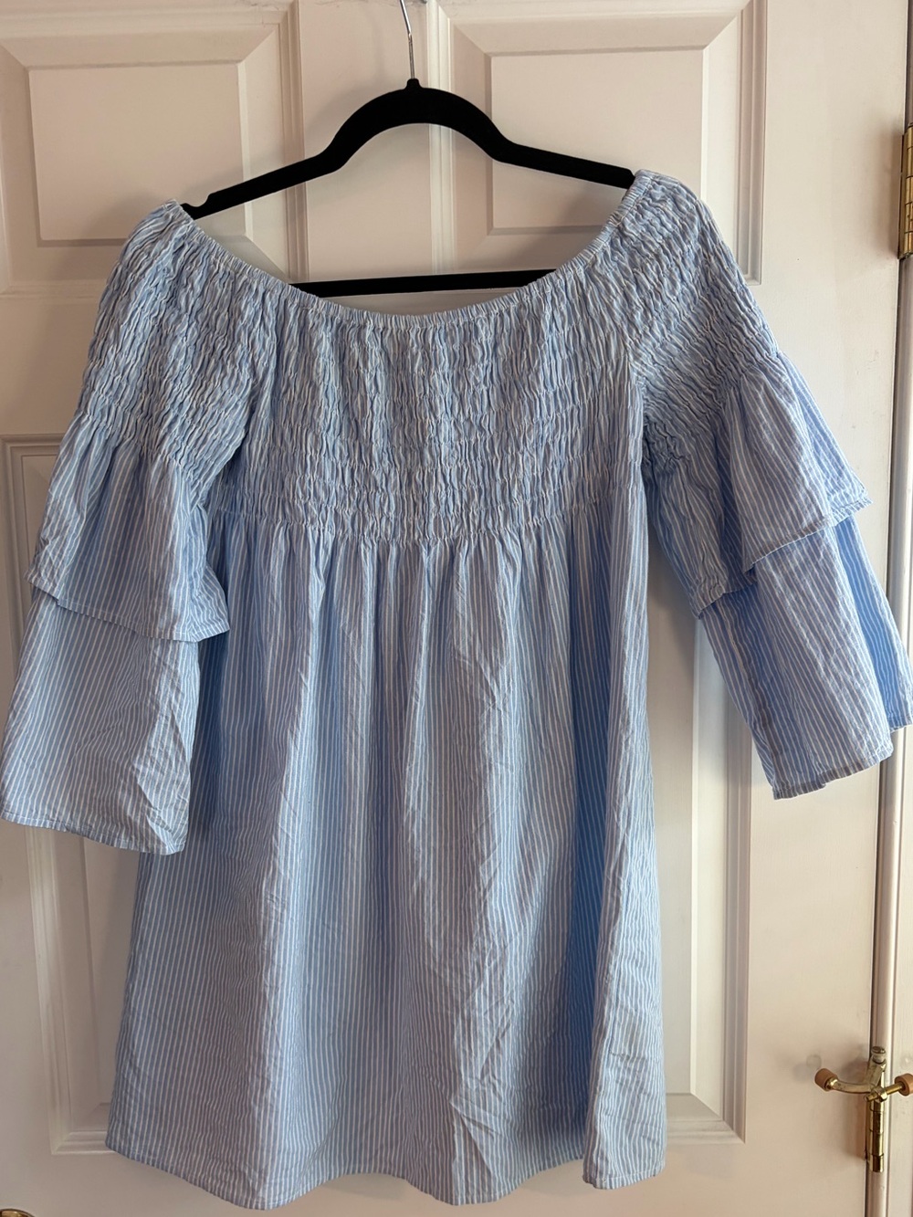Walter Baker white and Light Blue striped Off-Shoulder Smocked Dress